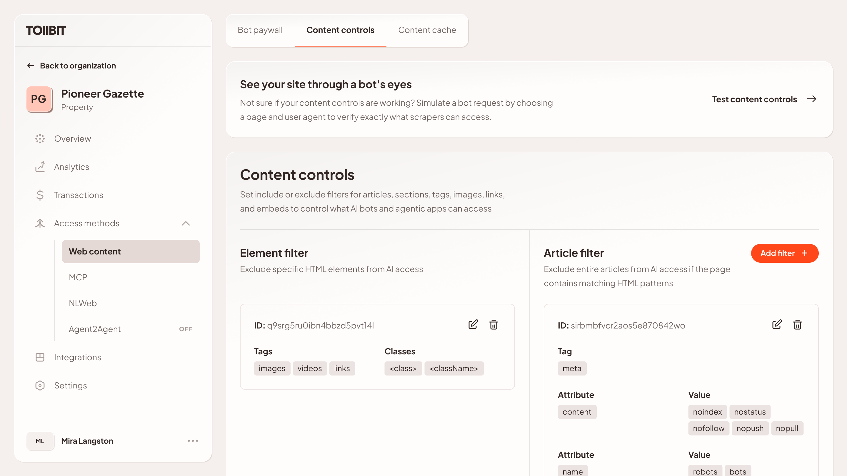 DOM Filtering Configuration